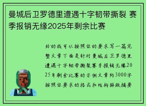 曼城后卫罗德里遭遇十字韧带撕裂 赛季报销无缘2025年剩余比赛 曼城后卫罗德里遭遇十字韧带撕裂 赛季报销无缘2025年剩余比赛