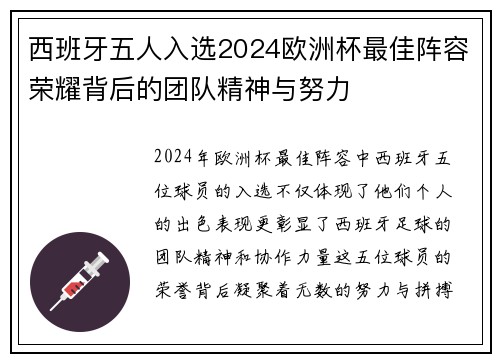 西班牙五人入选2024欧洲杯最佳阵容荣耀背后的团队精神与努力 西班牙五人入选2024欧洲杯最佳阵容荣耀背后的团队精神与努力