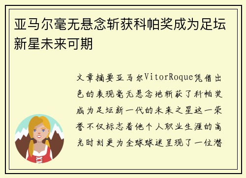 亚马尔毫无悬念斩获科帕奖成为足坛新星未来可期 亚马尔毫无悬念斩获科帕奖成为足坛新星未来可期
